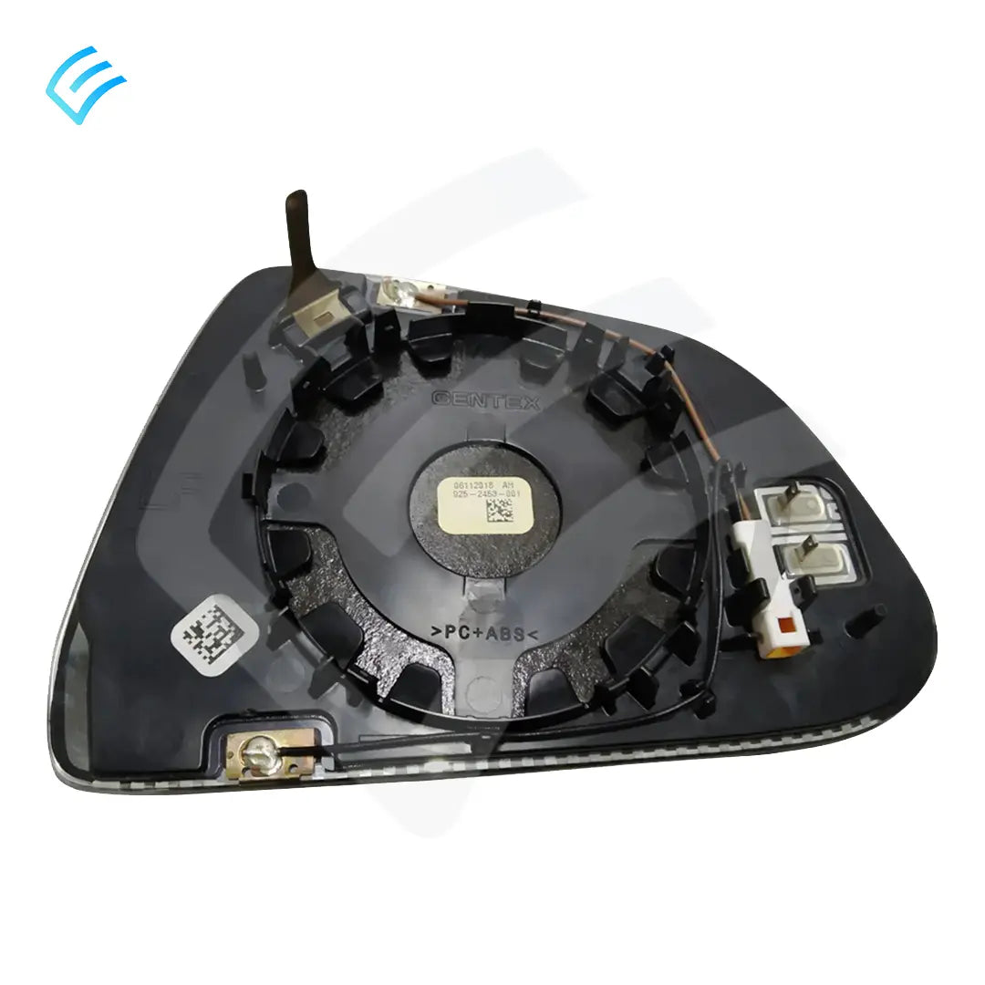 Back side of left mirror glass with mounting clips, heating/EC wiring and connector plug assembly