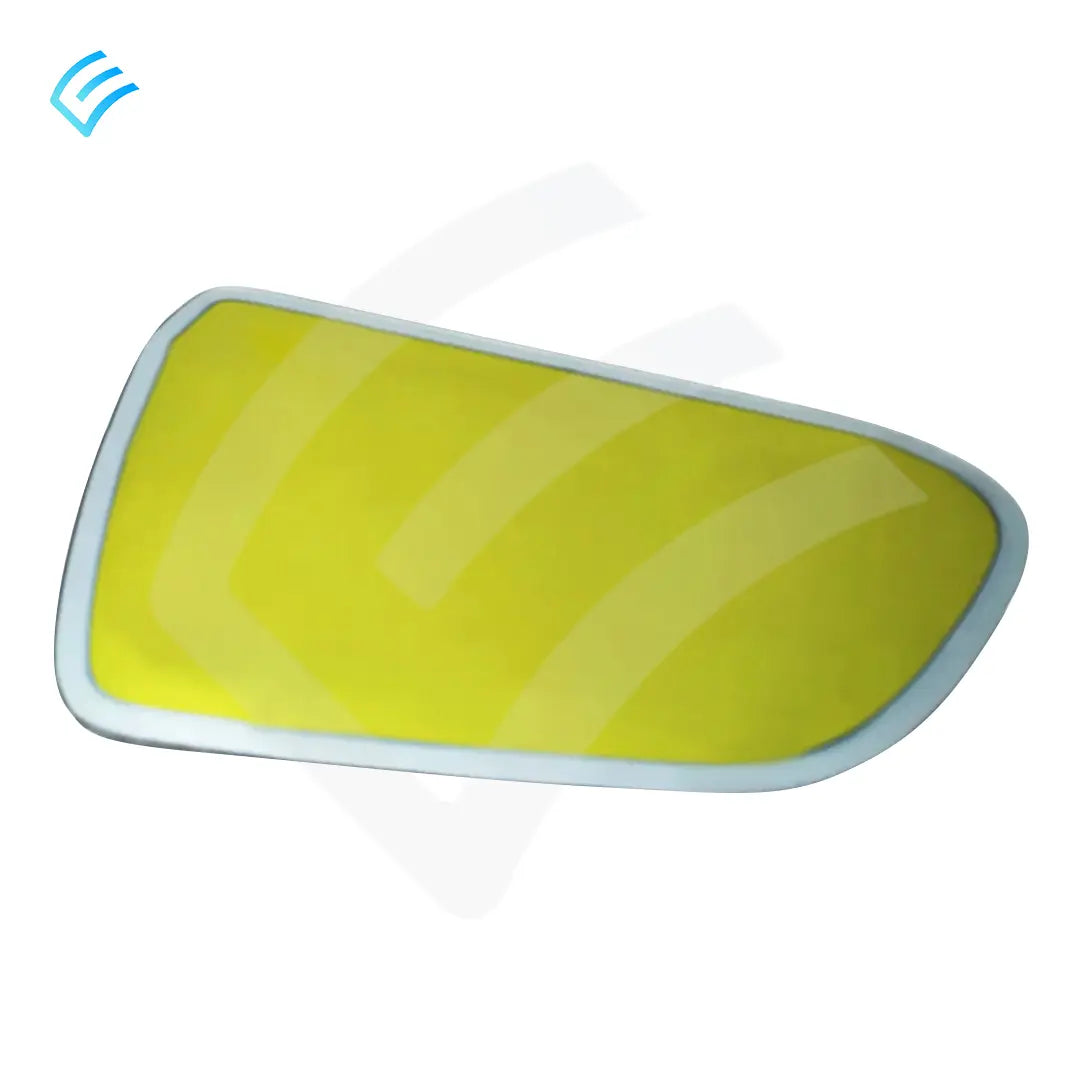 Tesla Model 3 driver side EC exterior mirror glass replacement, front reflective view with yellow tint