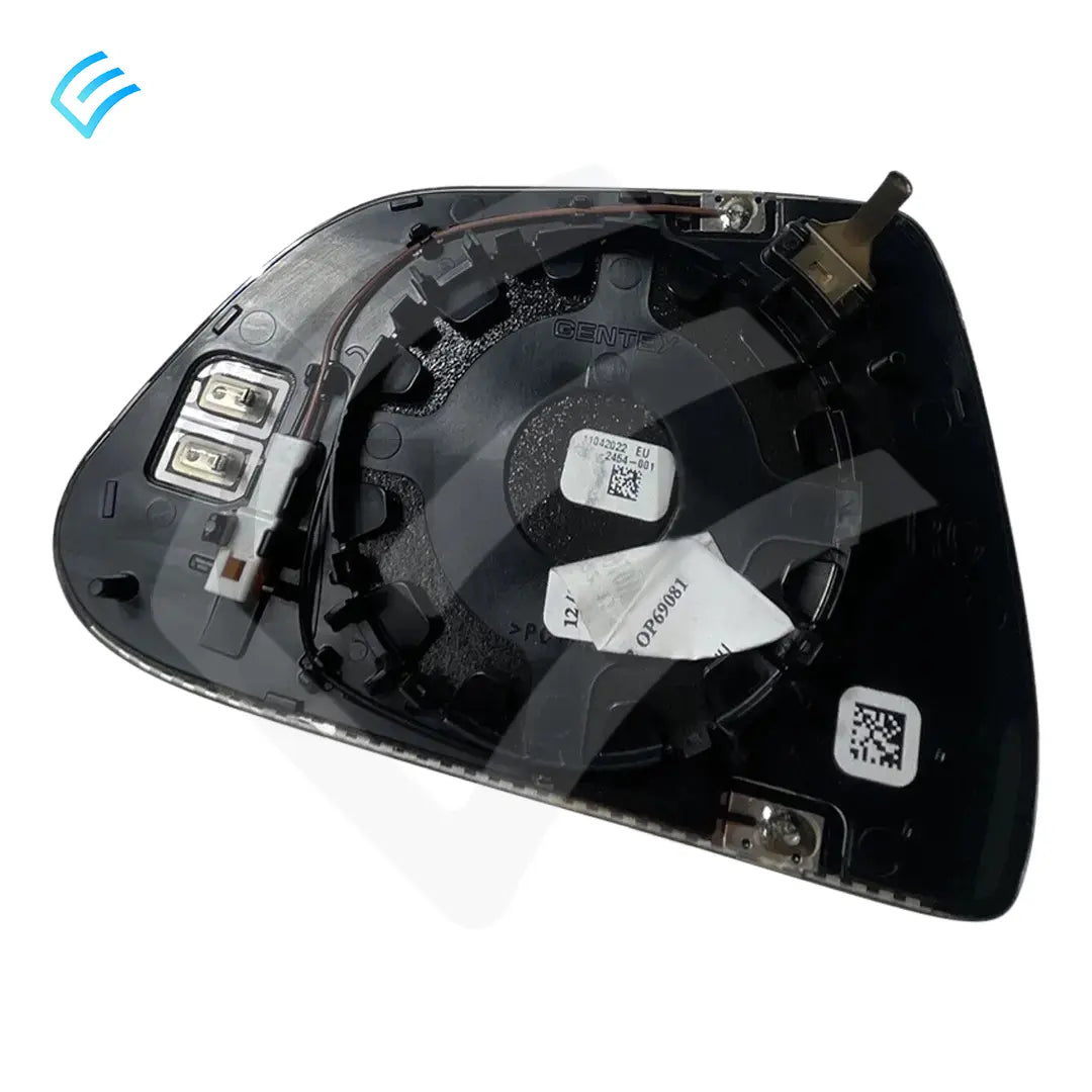 Rear side of Tesla Model 3 right-hand mirror glass with heating connectors and mounting tabs