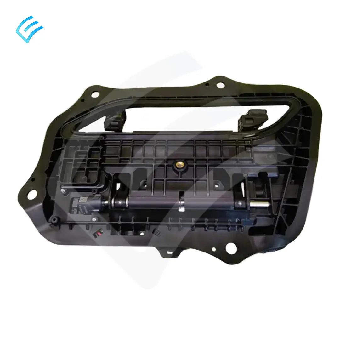 Back side of OEM Tesla Model S front right door handle module, black housing with mounting points