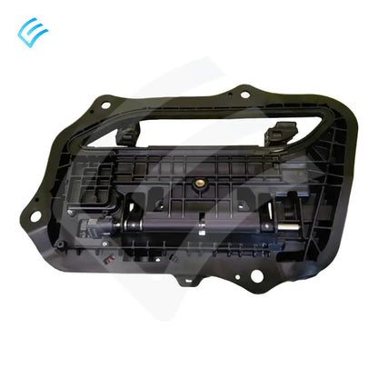 Back side of OEM Tesla Model S front right door handle module, black housing with mounting points