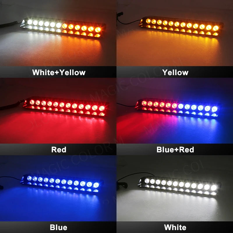 12 LED Car Strobe Light, A car strobe light flashes white, yellow, red, and blue to increase road visibility.