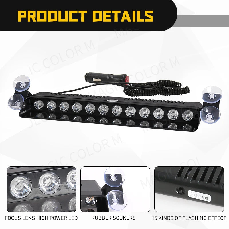 12 LED Car Strobe Light, Car strobe lights feature focus lens, high power LED, and rubber skidgers, with 15 types of flashing effects for enhanced visibility.