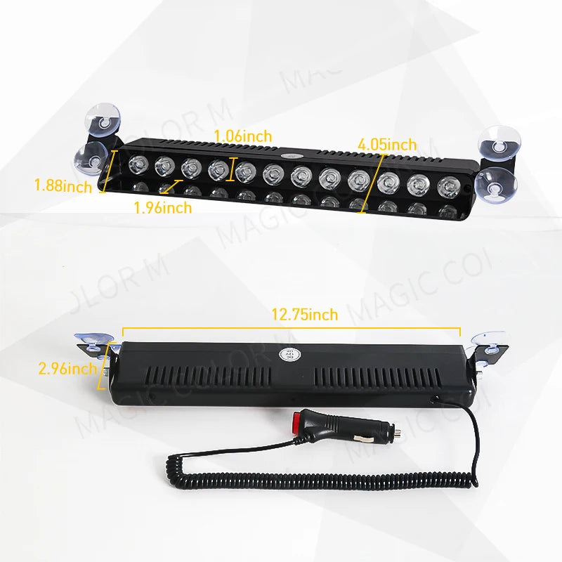 12 LED Car Strobe Light, Product image shows car strobe lights with various dimensions: Q-beam, 5-inch, 8.8-inch, 1.96-inch, and 12.75-inch.