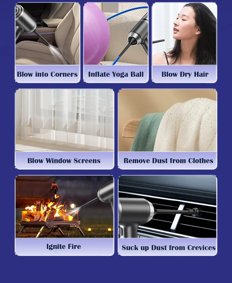 140000PA Car Vacuum Cleaner, Tool for cleaning and other tasks, including blowing away dirt, inflating yoga balls, drying hair, and igniting fires.