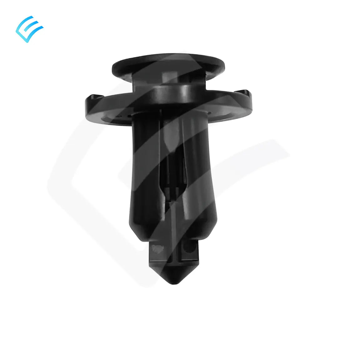 Tesla OEM 1493318-00-A push-pull rivet trim fastener, black POM clip front view