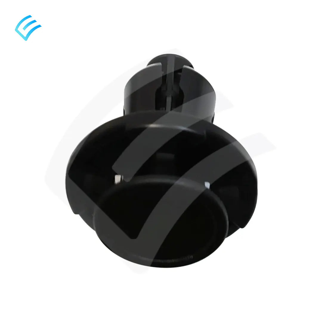 Top view of black push-pull rivet head showing wide flange trim clip profile