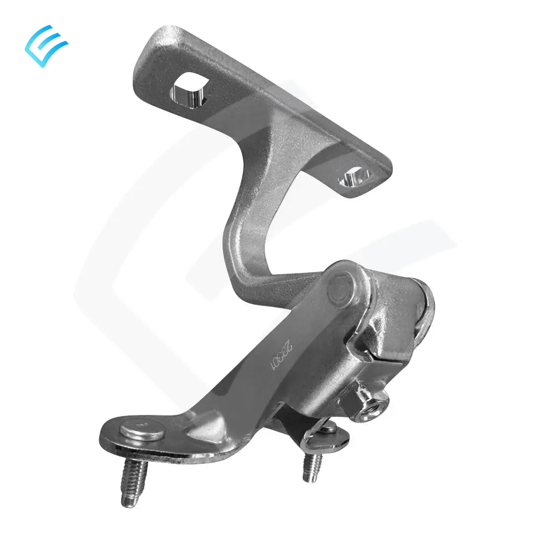 Angled view of left rear liftgate hinge bracket with bolt studs and hinge pivot, part 1500494-00-D