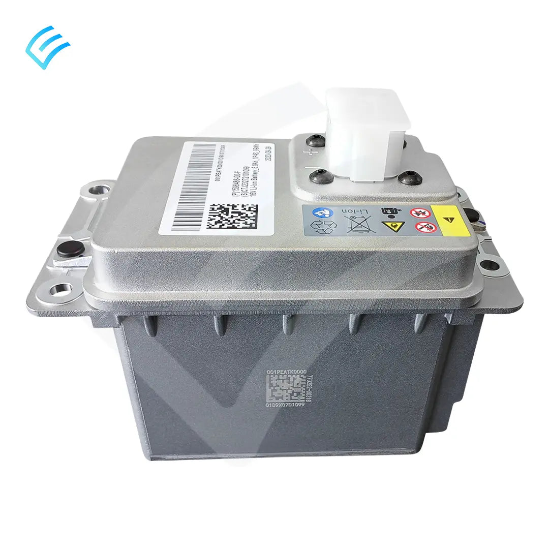 Angled side view of 16V Li-ion auxiliary battery module with connector cover and warning icons