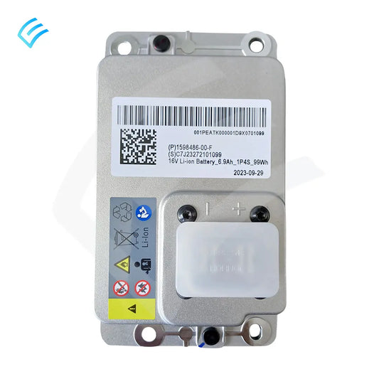 OEM Tesla 16V Li-Ion battery 1598486-00-G top view with barcode label and +/− terminals