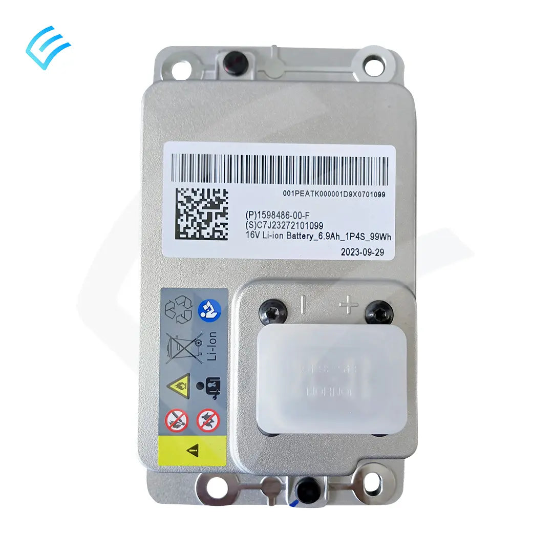 Tesla Model 3 OEM 16V Li-ion low-voltage battery 1598486-00-F, top label and terminals view