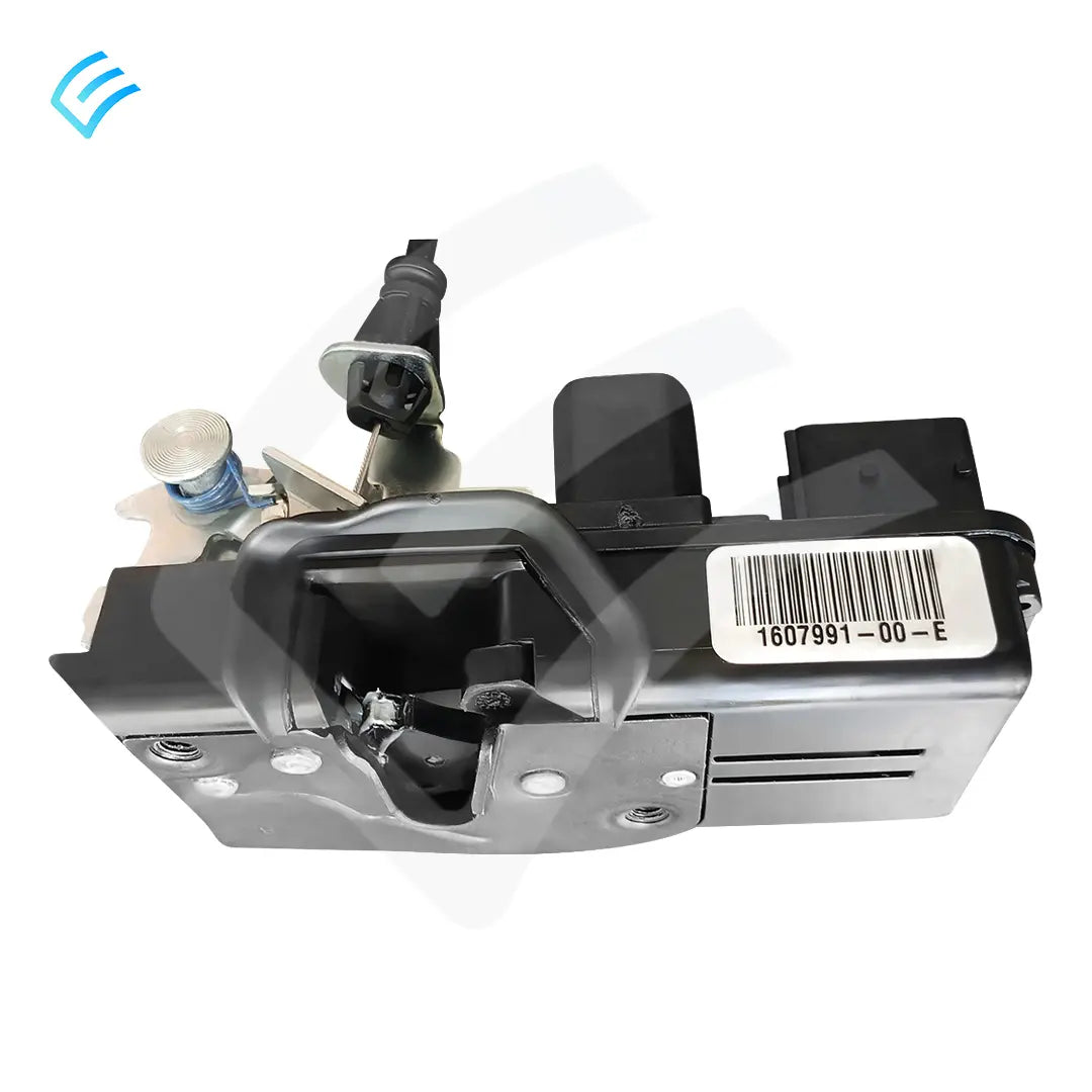 Front view of OEM door latch mechanism with barcode label 1607991-00-E and electrical plug
