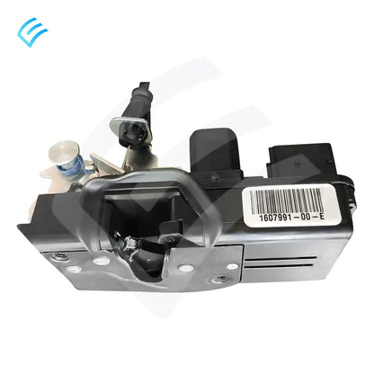 Front view of OEM door latch mechanism with barcode label 1607991-00-E and electrical plug