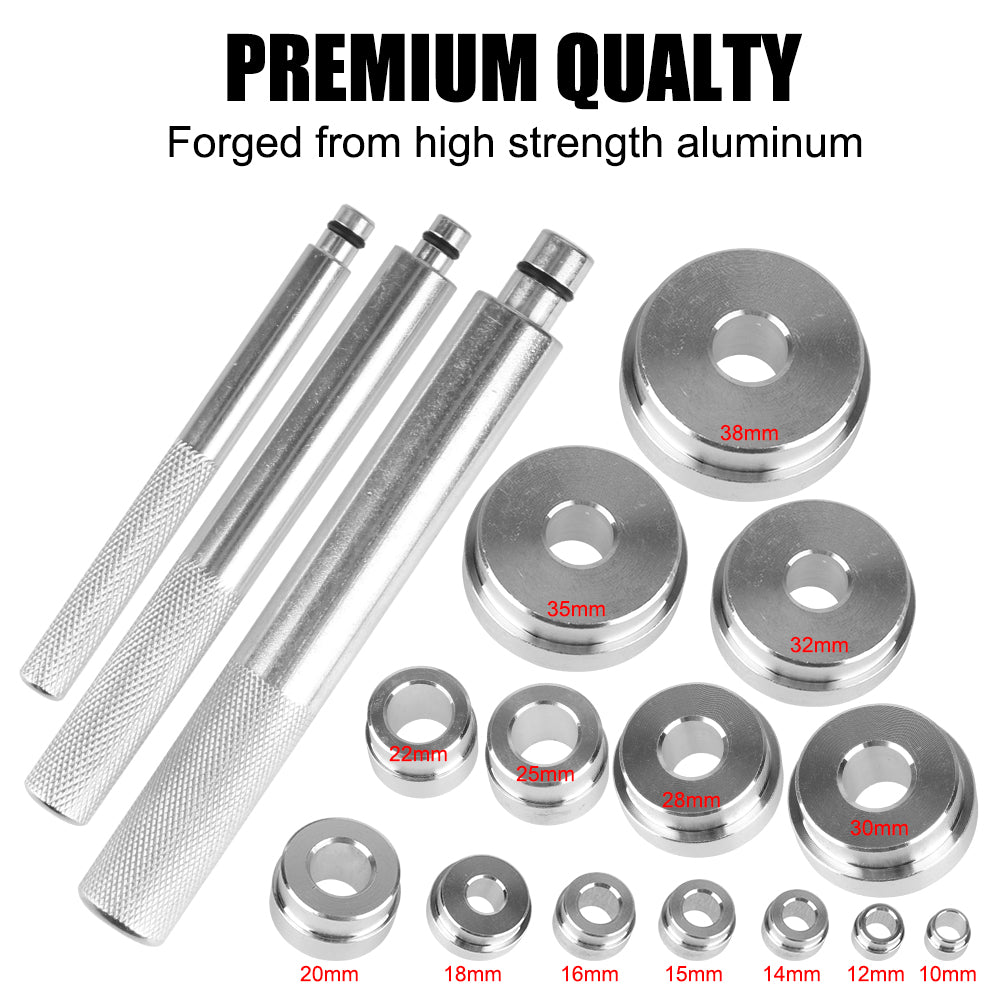 17-Piece Bearing Disassembly Tool Kit, High strength aluminum alloy bearings in various sizes.