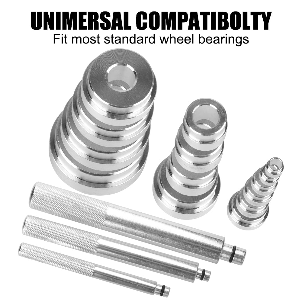 17-Piece Bearing Disassembly Tool Kit, This bearing tool fits most standard wheel bearings, ensuring reliable installation and maintenance across various vehicle types.