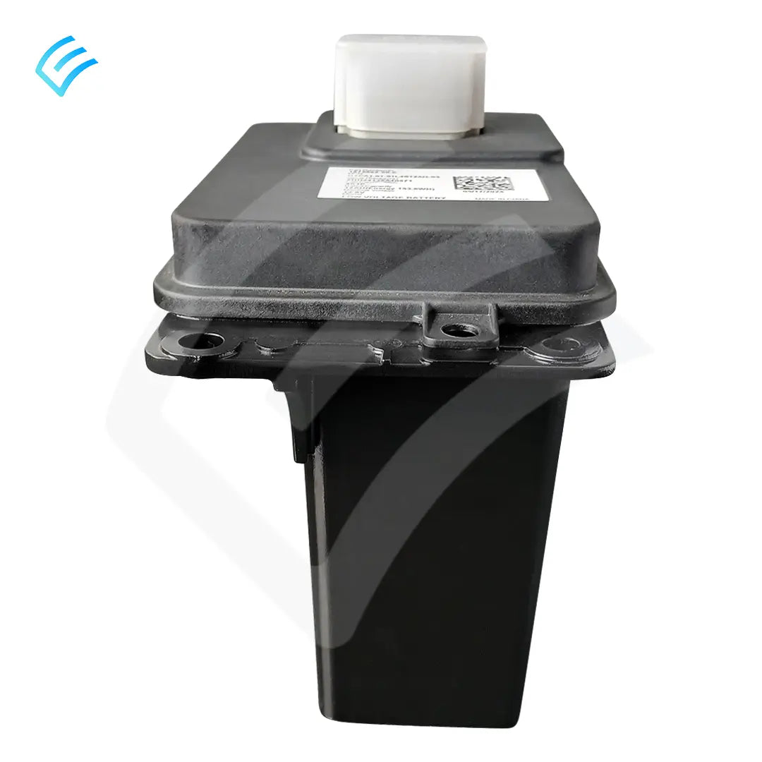 Side profile of low-voltage battery module with mounting flange and connector housing on top