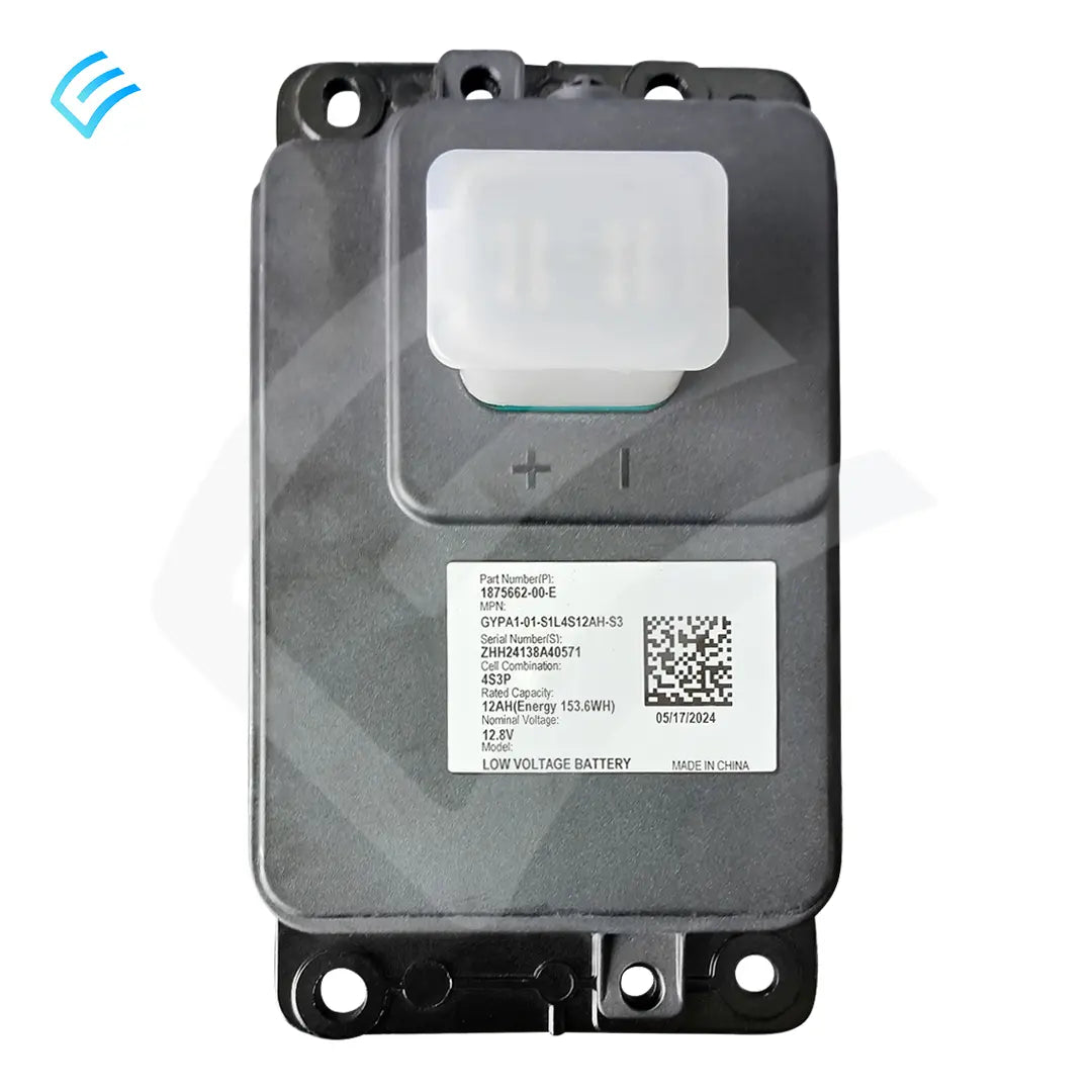OEM Tesla Model Y low-voltage Li-ion (LFP) 12V replacement battery 1875662-00-F, top label view