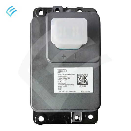 OEM Tesla Model Y low-voltage Li-ion (LFP) 12V replacement battery 1875662-00-F, top label view
