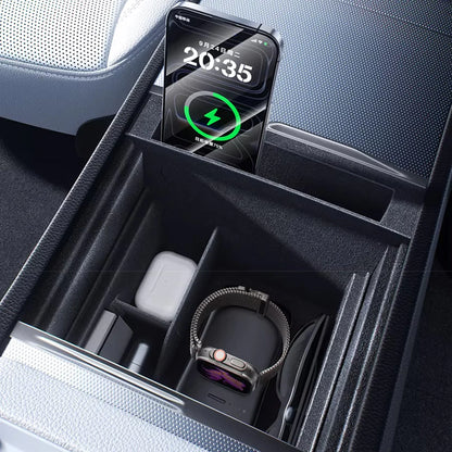 Upgraded Flocked Center Console Storage Tray for Tesla Model 3 Highland (2024+) & Tesla Model Y Juniper (2025+) / Model Y  (2026) – Deep Storage Organizer with Phone Slot, OEM Fit ABS Interior Tray