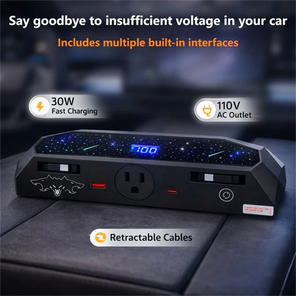 Center Console USB Charger Hub 2.0 for Tesla Cybertruck (2024+) | 110V AC Power Outlet, 30W PD Fast Charging, QC3.0, USB-A & USB-C Ports, Retractable Cables, Seamless OEM Integration