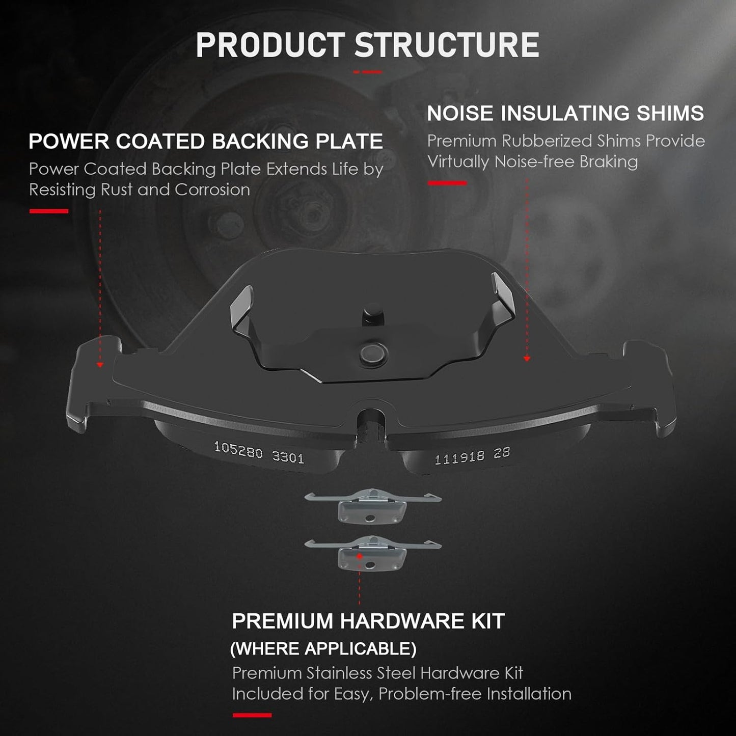 2013 BMW 328i Brake, This BMW 328i brake pad kit includes ceramic pads with rubberized shims and a stainless steel hardware kit for easy installation.