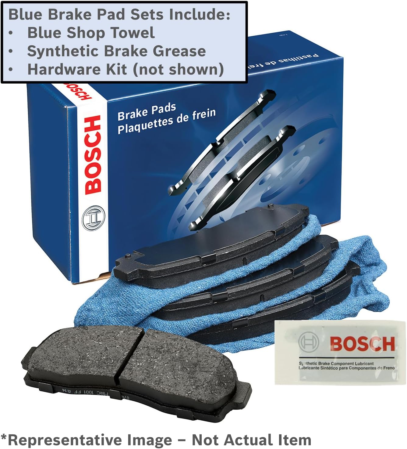 2021 BMW 330i Rear Brake Pads: Includes blue shop towel, synthetic grease, and hardware kit with Bosch synthetic brake lubricant.