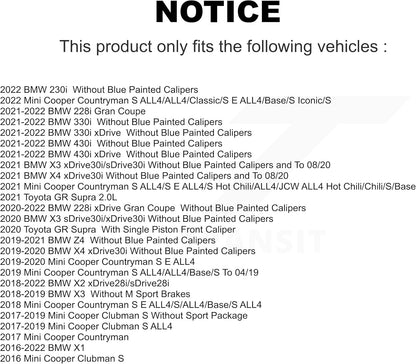 2022 BMW 330i Front Brake, This product replaces front brake pads on specific vehicle models including BMW and Mini Cooper models from 2016 to 2022.