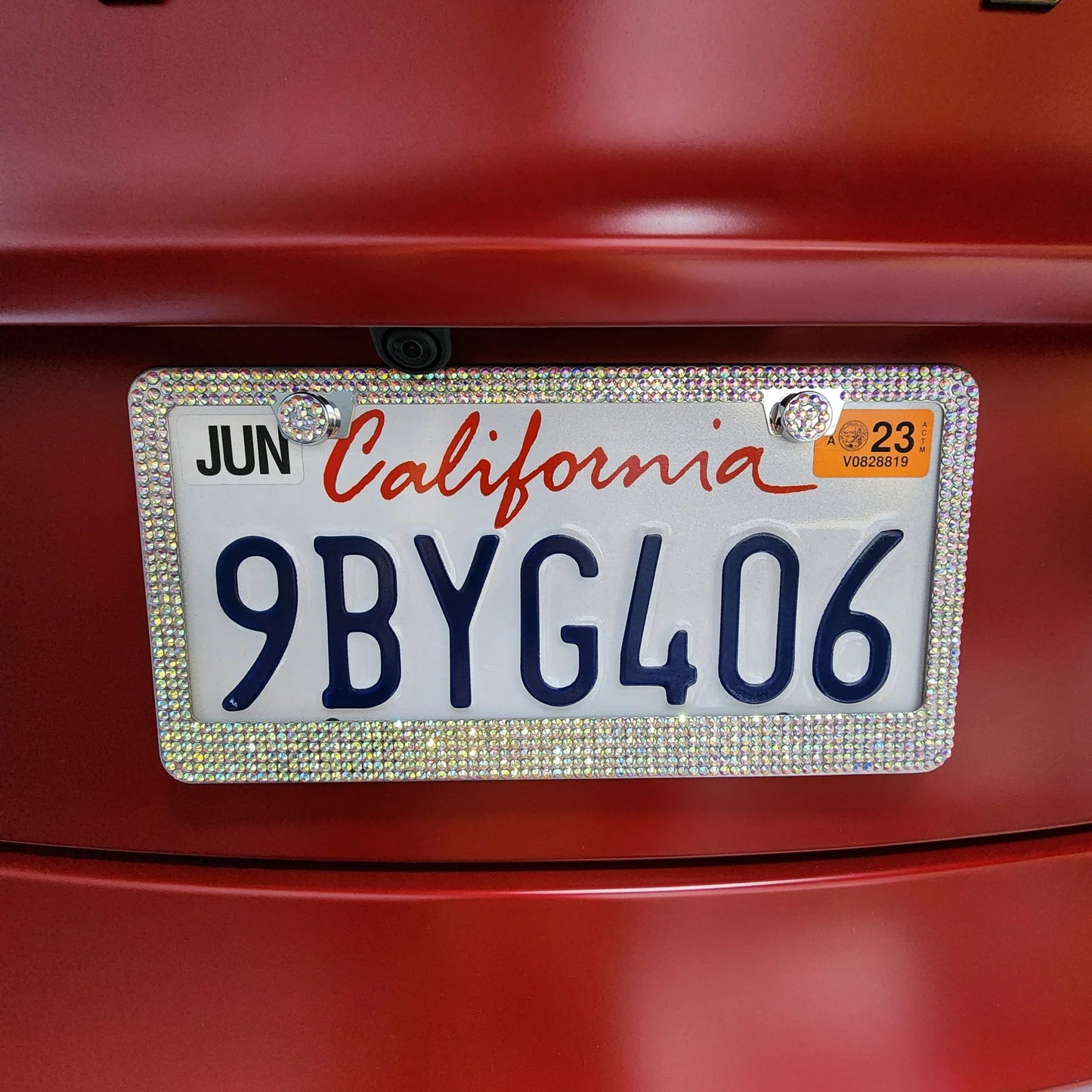 Bling Aluminum License Plate Frame with Sparkle Screw Caps – Fits Tesla Model S / Model 3 / Model X / Model Y – Silver, Black & Pearlescent Options