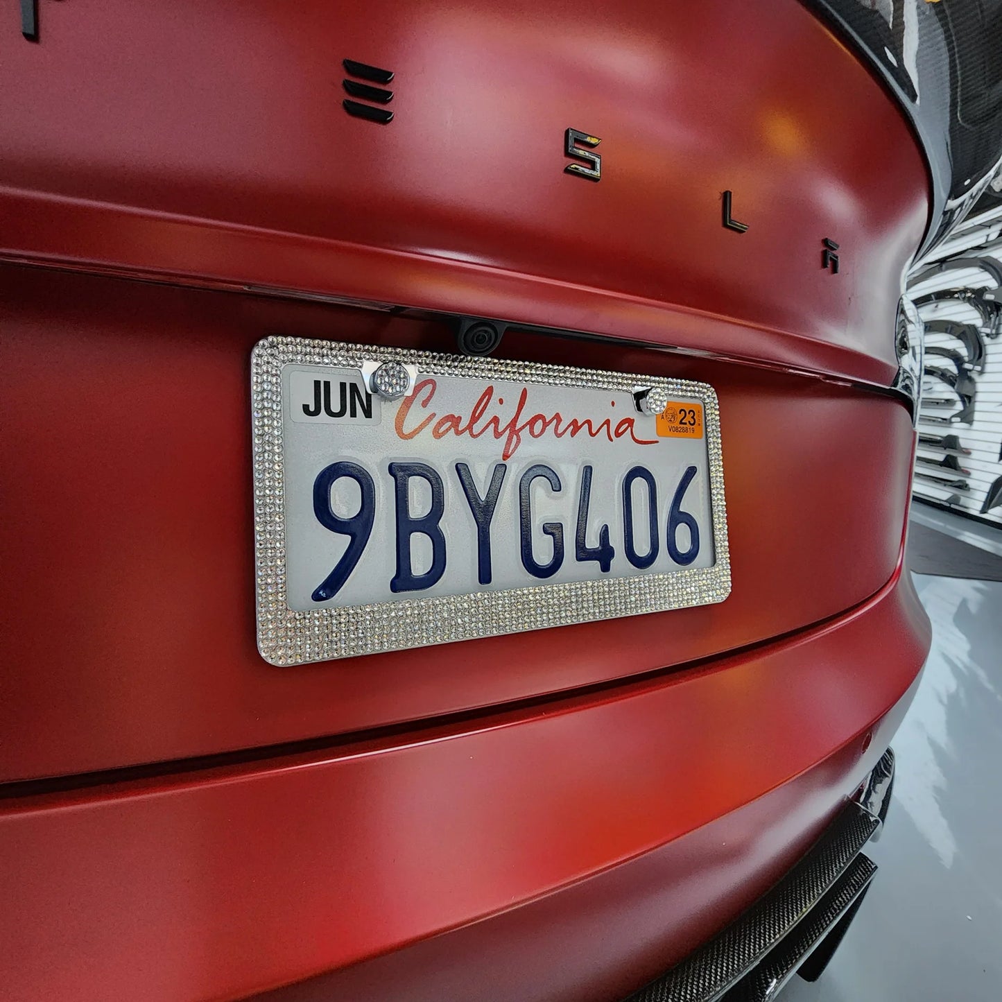 Bling Aluminum License Plate Frame with Sparkle Screw Caps – Fits Tesla Model S / Model 3 / Model X / Model Y – Silver, Black & Pearlescent Options