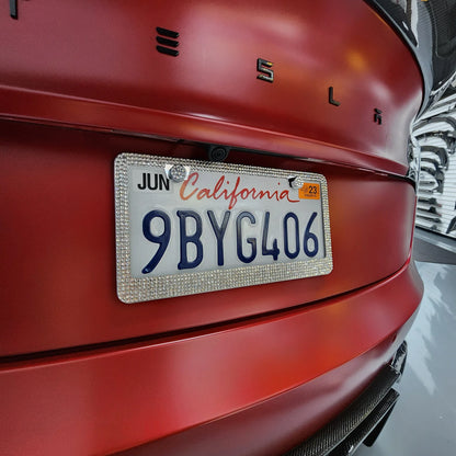 Bling Aluminum License Plate Frame with Sparkle Screw Caps – Fits Tesla Model S / Model 3 / Model X / Model Y – Silver, Black & Pearlescent Options