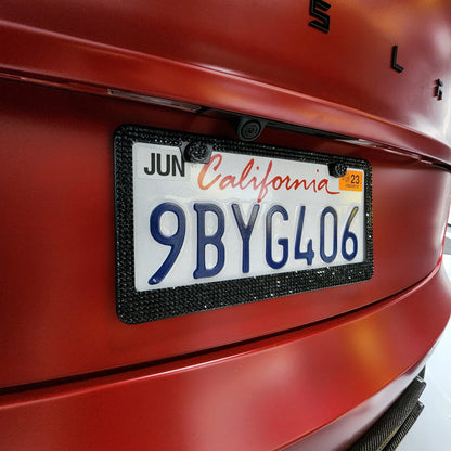 Bling Aluminum License Plate Frame with Sparkle Screw Caps – Fits Tesla Model S / Model 3 / Model X / Model Y – Silver, Black & Pearlescent Options