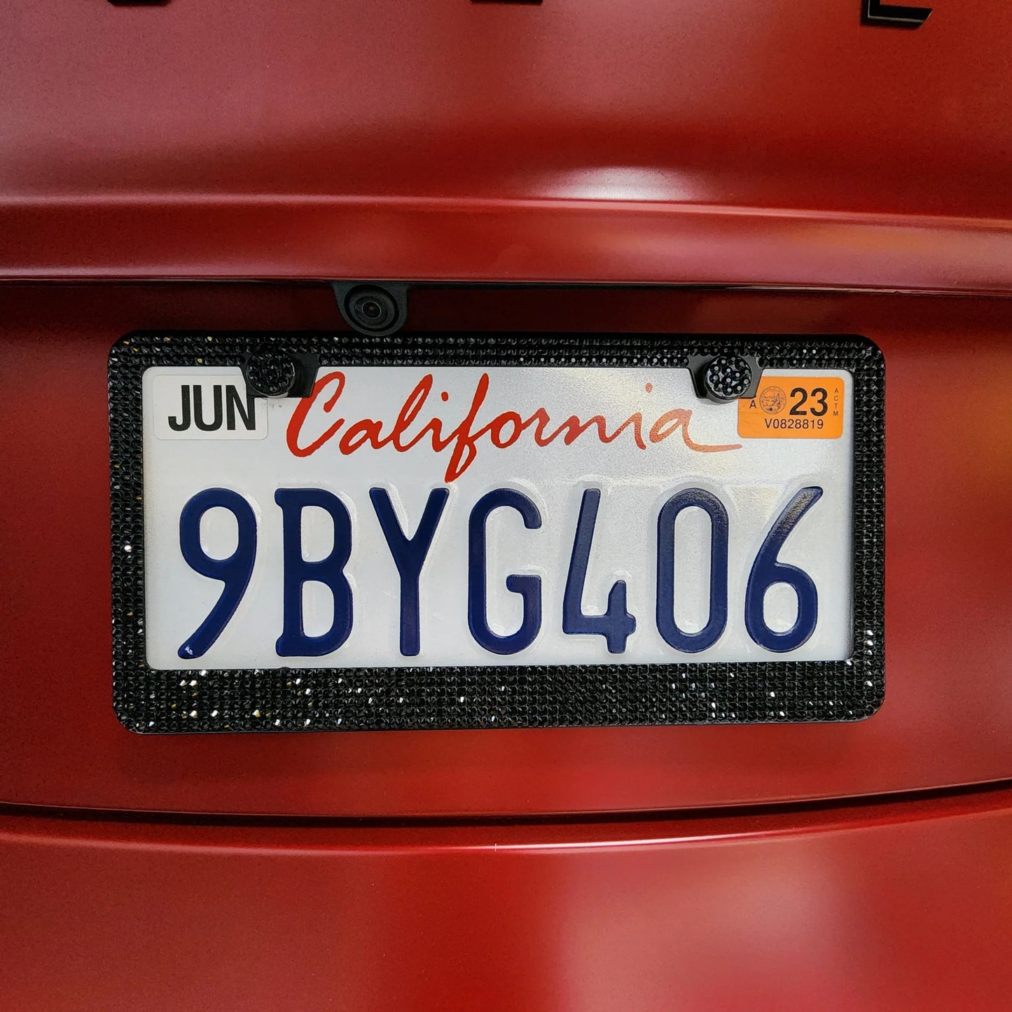 Bling Aluminum License Plate Frame with Sparkle Screw Caps – Fits Tesla Model S / Model 3 / Model X / Model Y – Silver, Black & Pearlescent Options