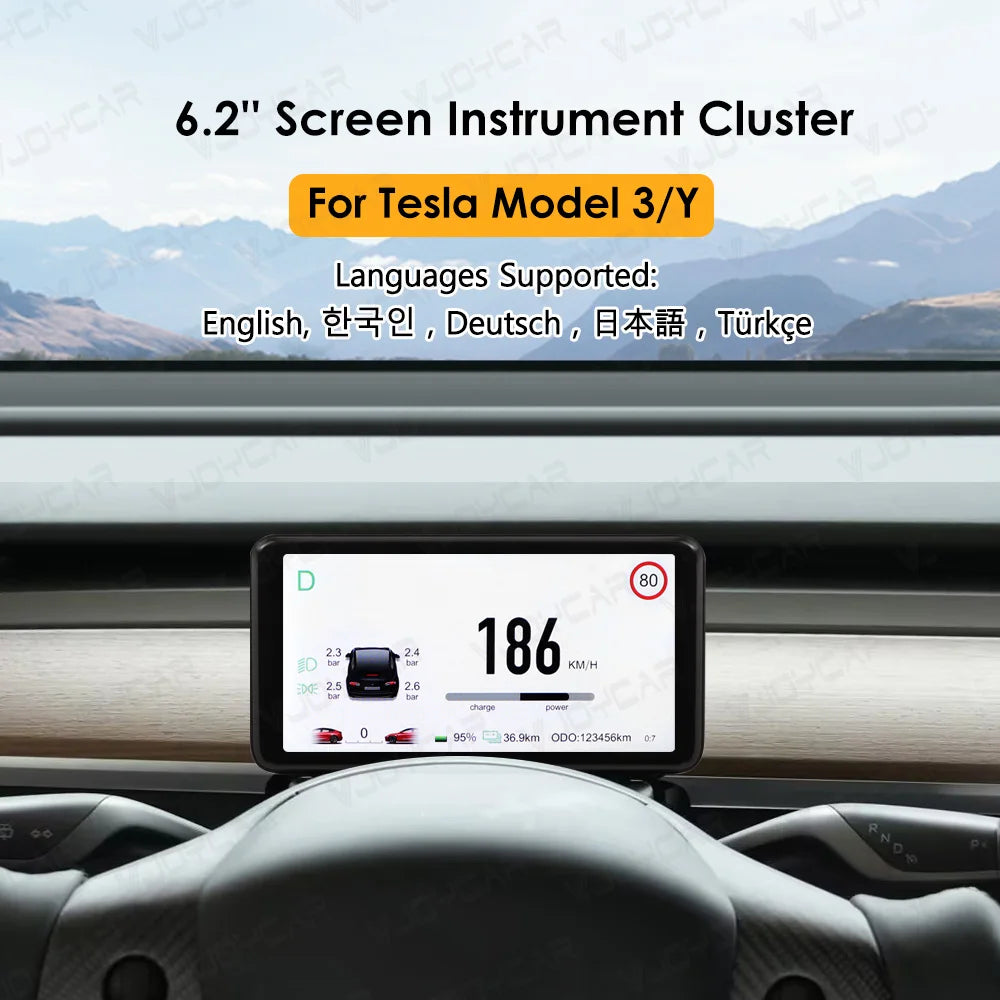 2023 New Model 3 Y 6.2'' HUD, 6.2-inch screen instrument cluster for Tesla Model 3/Y with English and German support, km/h speed units, and odometer reading of 123,456 km.