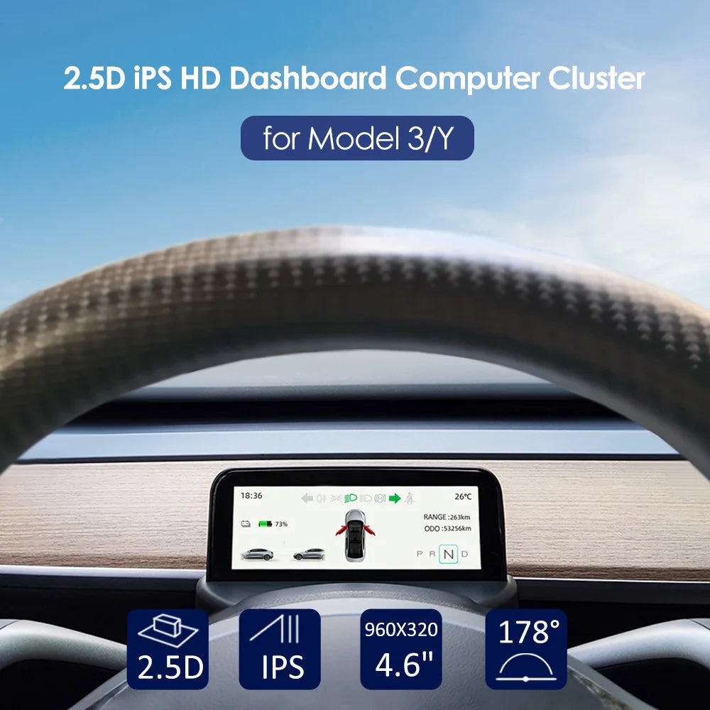 2023 New Model 3 Y 6.2'' HUD, Computer cluster for Model 3/ Y, features 18.36-inch display, 269C range, and other specifications.