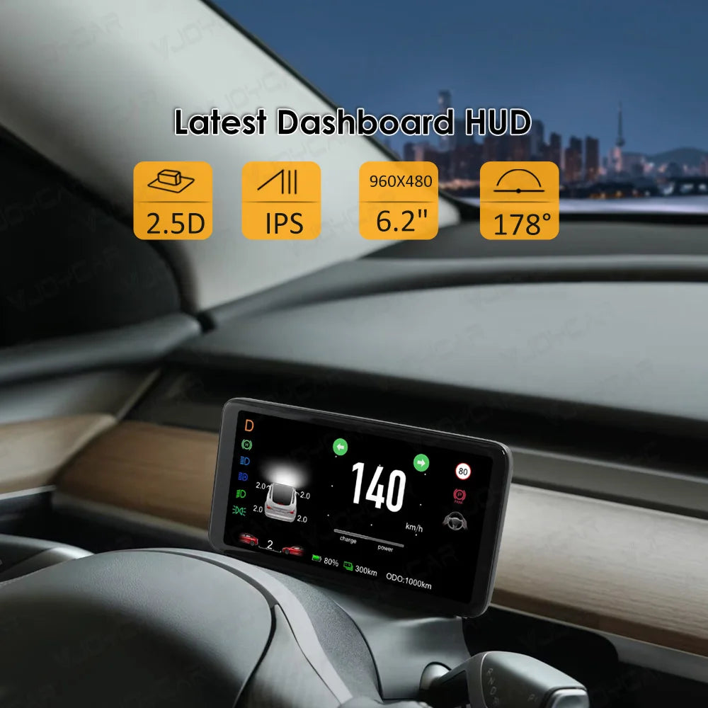 2023 New Model 3 Y 6.2'' HUD, Latest Dashboard HUD 9.60x480 2.5D IPS 6.2 inches with mileage stats.