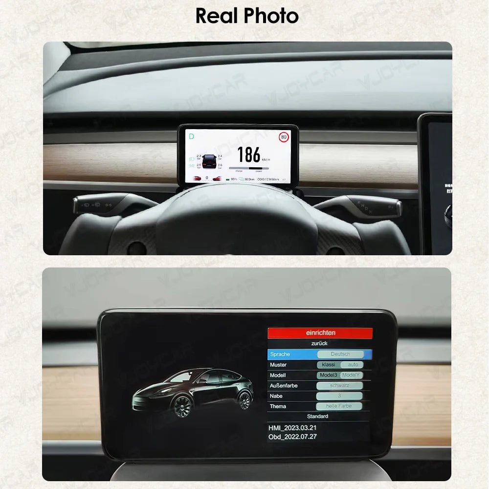 2023 New Model 3 Y 6.2'' HUD, Tesla HUD cluster features a Model 3 dashboard with a rearview camera display in German.