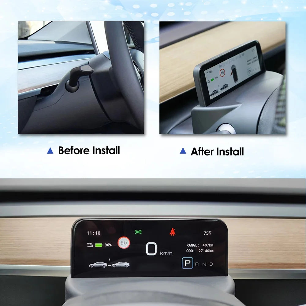 2023 New Model 3 Y 6.2'' HUD, The conditions before and after installation, including temperature and distance traveled.