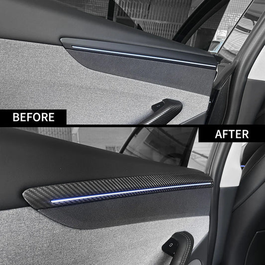 Carbon Fiber Door Trim Covers for Tesla Model Y Juniper (2025+) | Interior Ambient Lighting Overlay Kit | Premium Dry Carbon Fiber Cabin Upgrade Accessories