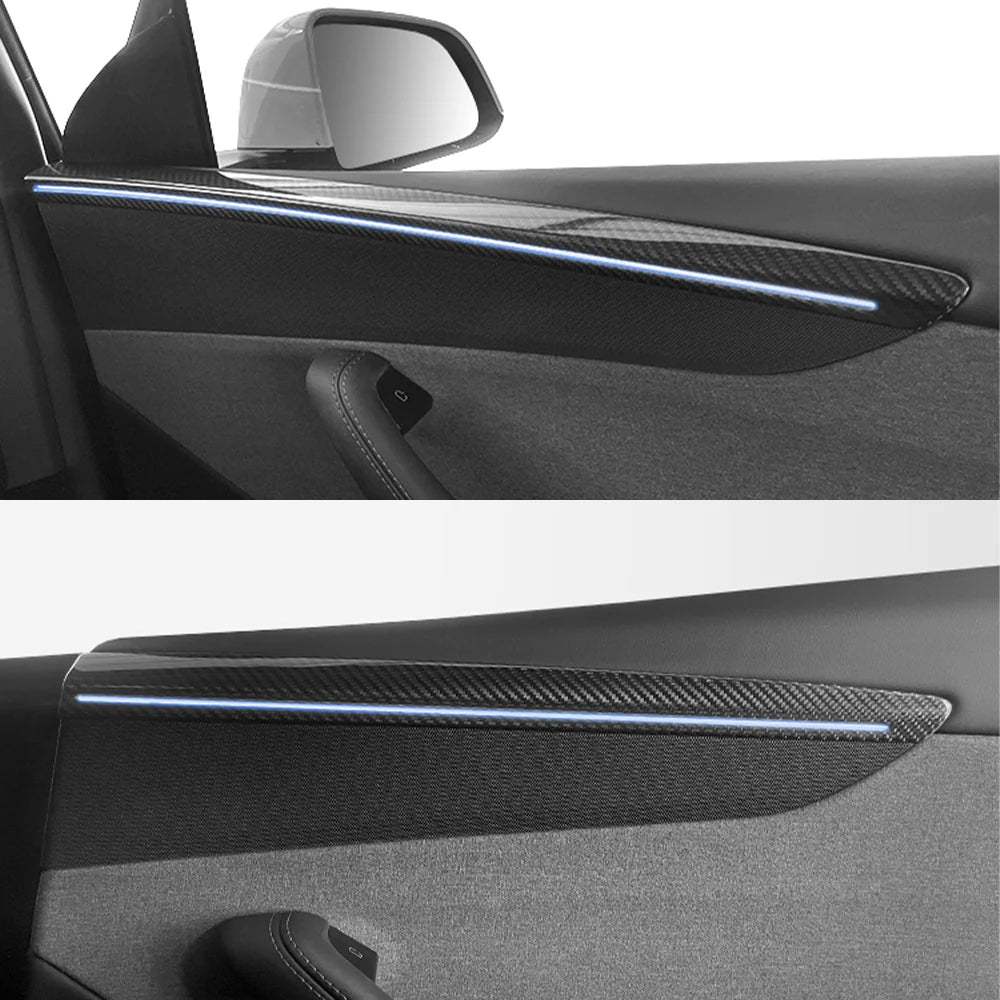 Carbon Fiber Door Trim Covers for Tesla Model Y Juniper (2025+) | Interior Ambient Lighting Overlay Kit | Premium Dry Carbon Fiber Cabin Upgrade Accessories