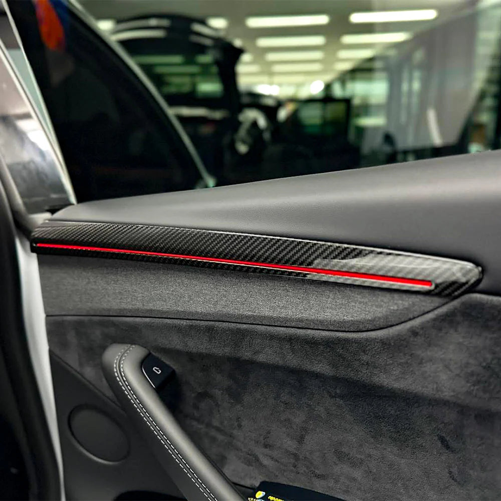 Carbon Fiber Door Trim Covers for Tesla Model Y Juniper (2025+) | Interior Ambient Lighting Overlay Kit | Premium Dry Carbon Fiber Cabin Upgrade Accessories
