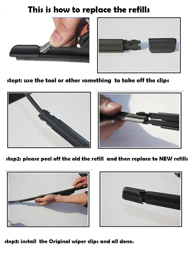 2PCS Universal Frameless Wiper, Replace refills by removing old ones, installing new ones, and reattaching clips.