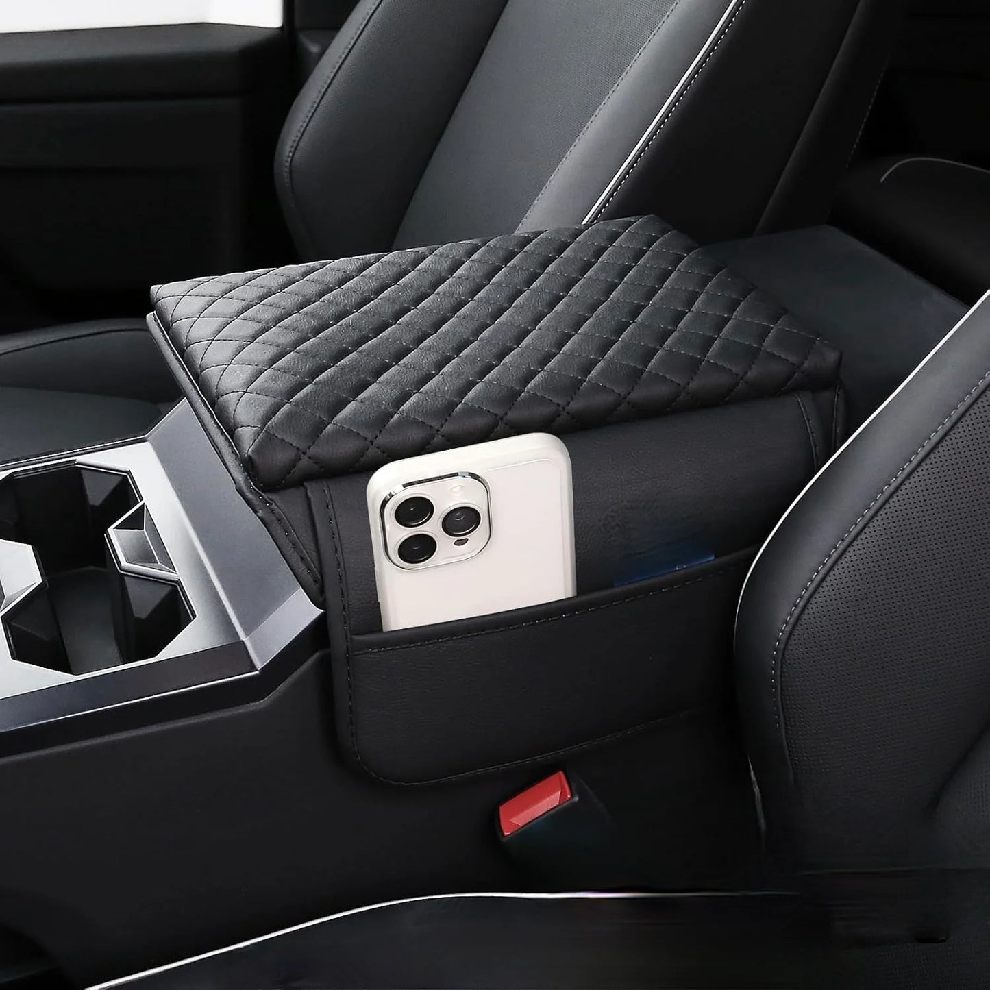 Tesla Cybertruck Padded Center Armrest Cover with Side Storage Pockets – Premium Leather Protector, Custom Fit Interior Accessory | Model Cybertruck