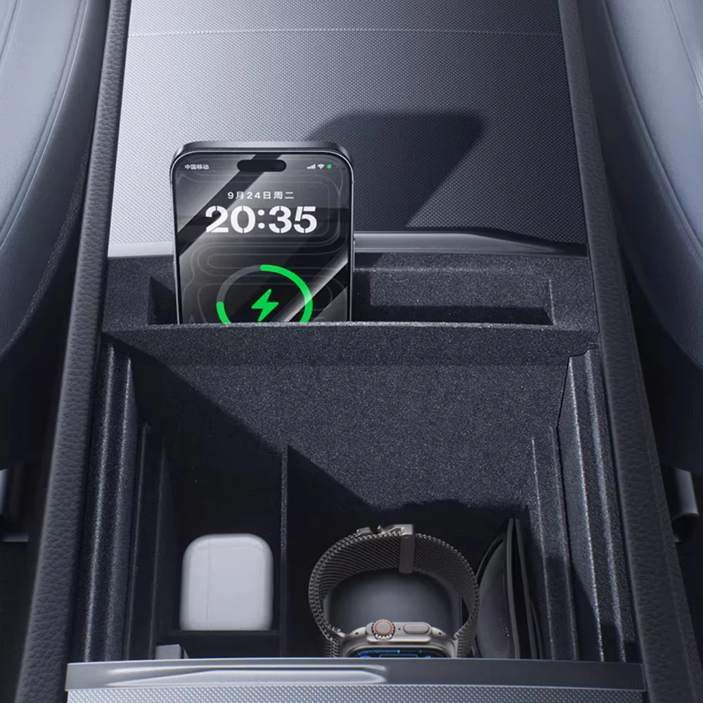 Upgraded Flocked Center Console Storage Tray for Tesla Model 3 Highland (2024+) & Tesla Model Y Juniper (2025+) / Model Y  (2026) – Deep Storage Organizer with Phone Slot, OEM Fit ABS Interior Tray