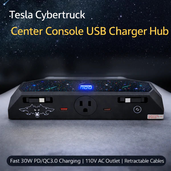 Center Console USB Charger Hub 2.0 for Tesla Cybertruck (2024+) | 110V AC Power Outlet, 30W PD Fast Charging, QC3.0, USB-A & USB-C Ports, Retractable Cables, Seamless OEM Integration