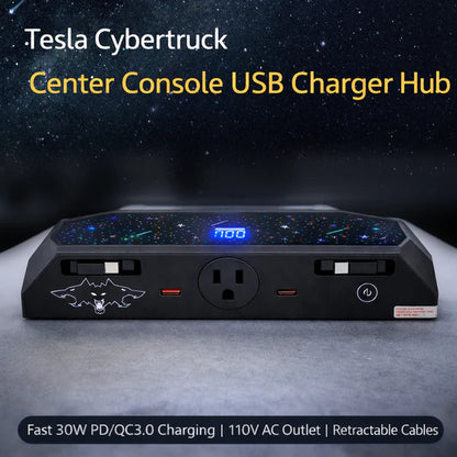 Center Console USB Charger Hub 2.0 for Tesla Cybertruck (2024+) | 110V AC Power Outlet, 30W PD Fast Charging, QC3.0, USB-A & USB-C Ports, Retractable Cables, Seamless OEM Integration