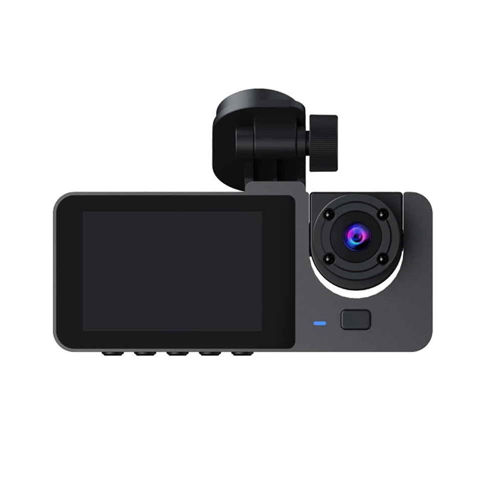 3 Channel Car DVR, A 3-channel camera system with IPS screen, AVI format, and various features like loop recording and power management.