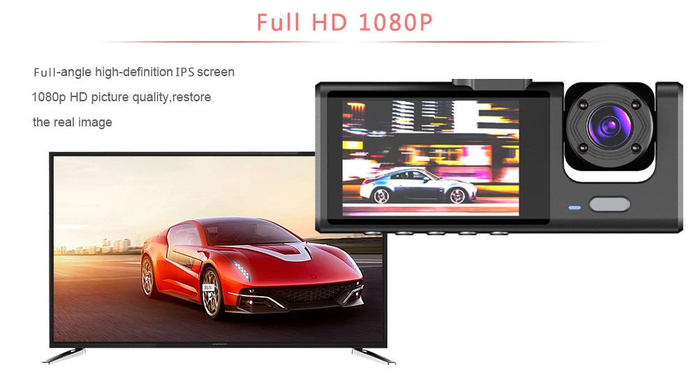 3 Channel Car DVR, A full HD 1080p IPS screen offers excellent picture quality, providing a realistic and restored image.