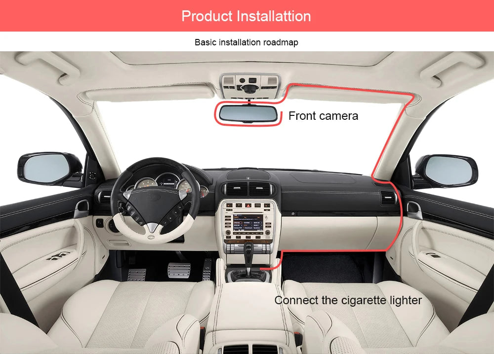 3 Channel Car DVR, Basic installation roadmap: Front camera connects to cigarette lighter.