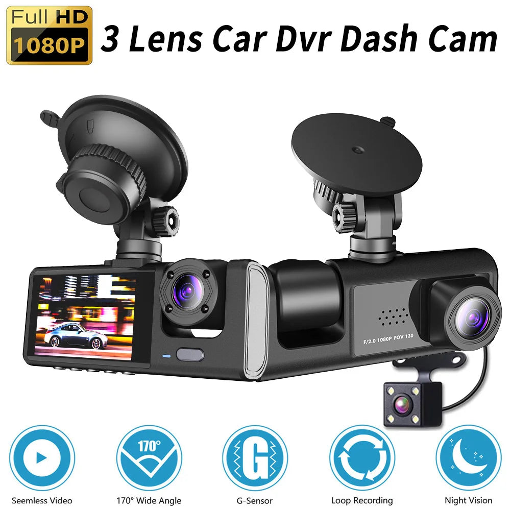 3 Channel Car DVR, Full HD 1080p car DVR dash cam with wide-angle G-sensor for night vision.