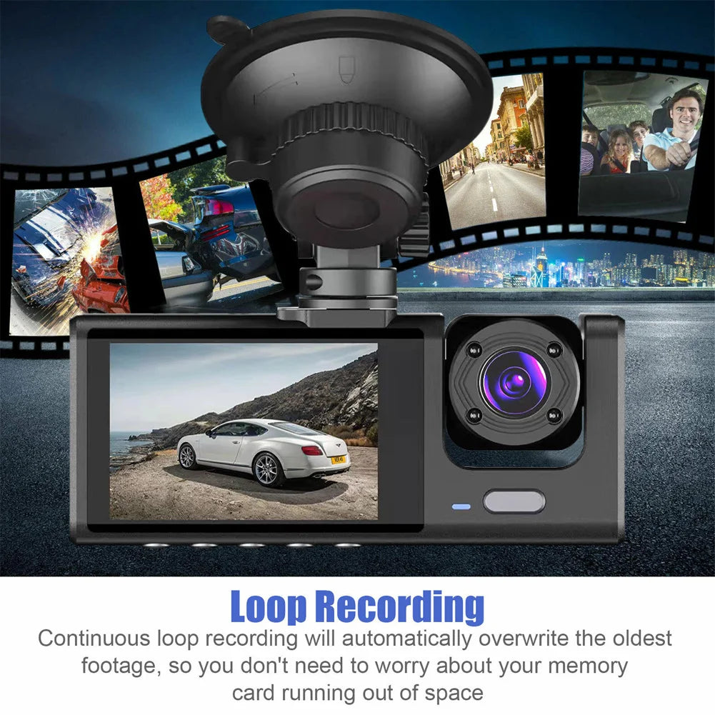 3 Channel Car DVR, Loop recording enables continuous capture, overwriting old footage to prevent memory card storage issues.